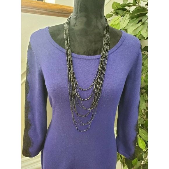 Nine West Women's Solid Blue Cotton Round Neck Long Sleeve Knee Length Dress M - Picture 2 of 11